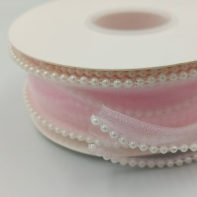 Wstążka z organzy z perłowym połyskiem - JASNY RÓŻOWY z perełkami 4cm/40mm 5y