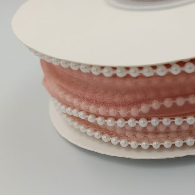 Wstążka z organzy z perłowym połyskiem - ŁOSOSIOWA z perełkami 4cm/40mm 5y