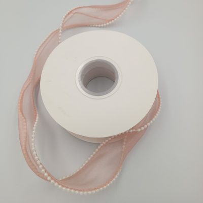 Wstążka z organzy z perłowym połyskiem - ŁOSOSIOWA z perełkami 4cm/40mm 5y - obrazek 2