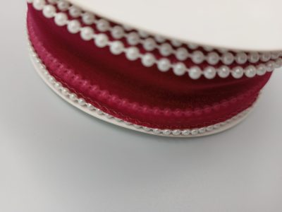 Wstążka z organzy z perłowym połyskiem - BORDOWA z perełkami 4cm/40mm 5y