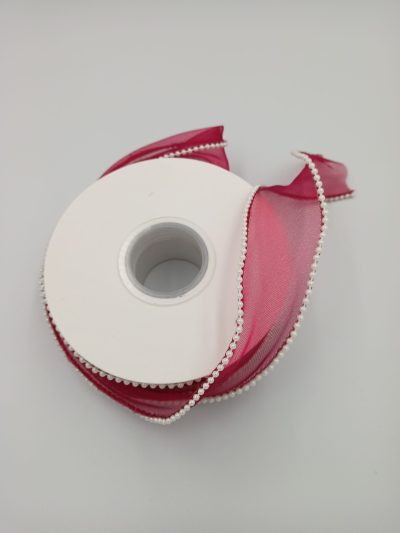Wstążka z organzy z perłowym połyskiem - BORDOWA z perełkami 4cm/40mm 5y - obrazek 2